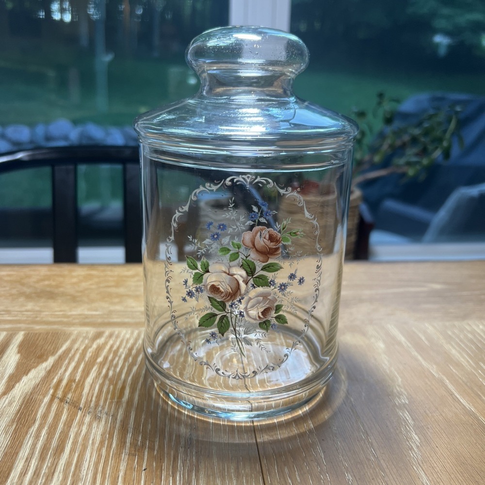 Vintage Apothecary Jar with‎ Roses Flowers Transfer 8" x 4.5" Kitchen Bathroom